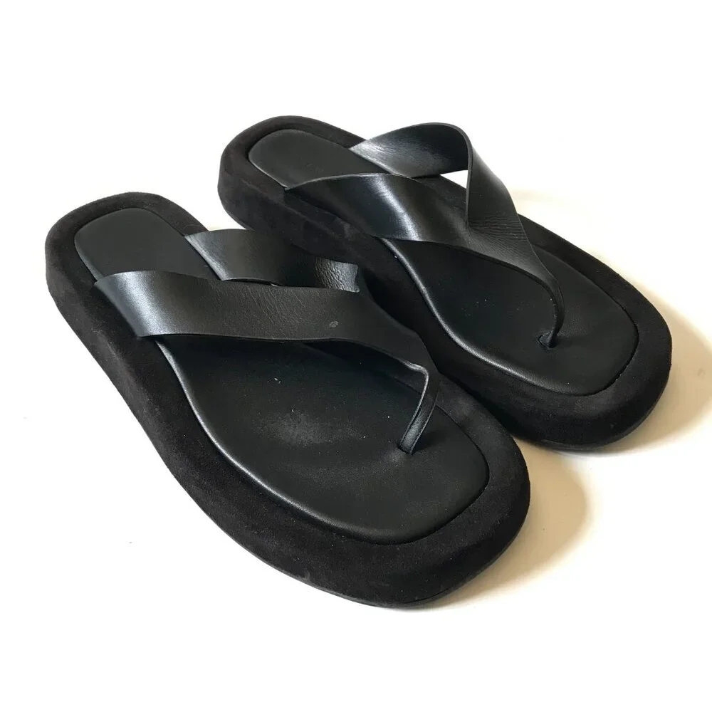 The ROW Ginza Leather Platform Sandals Flip Flops Womens 41.5 11.5 Black Suede - Picture 4 of 14